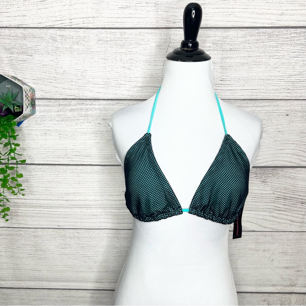 NWT Aqua Blue & Black Fishnet Bikini Top Size Large - Picture 2 of 7